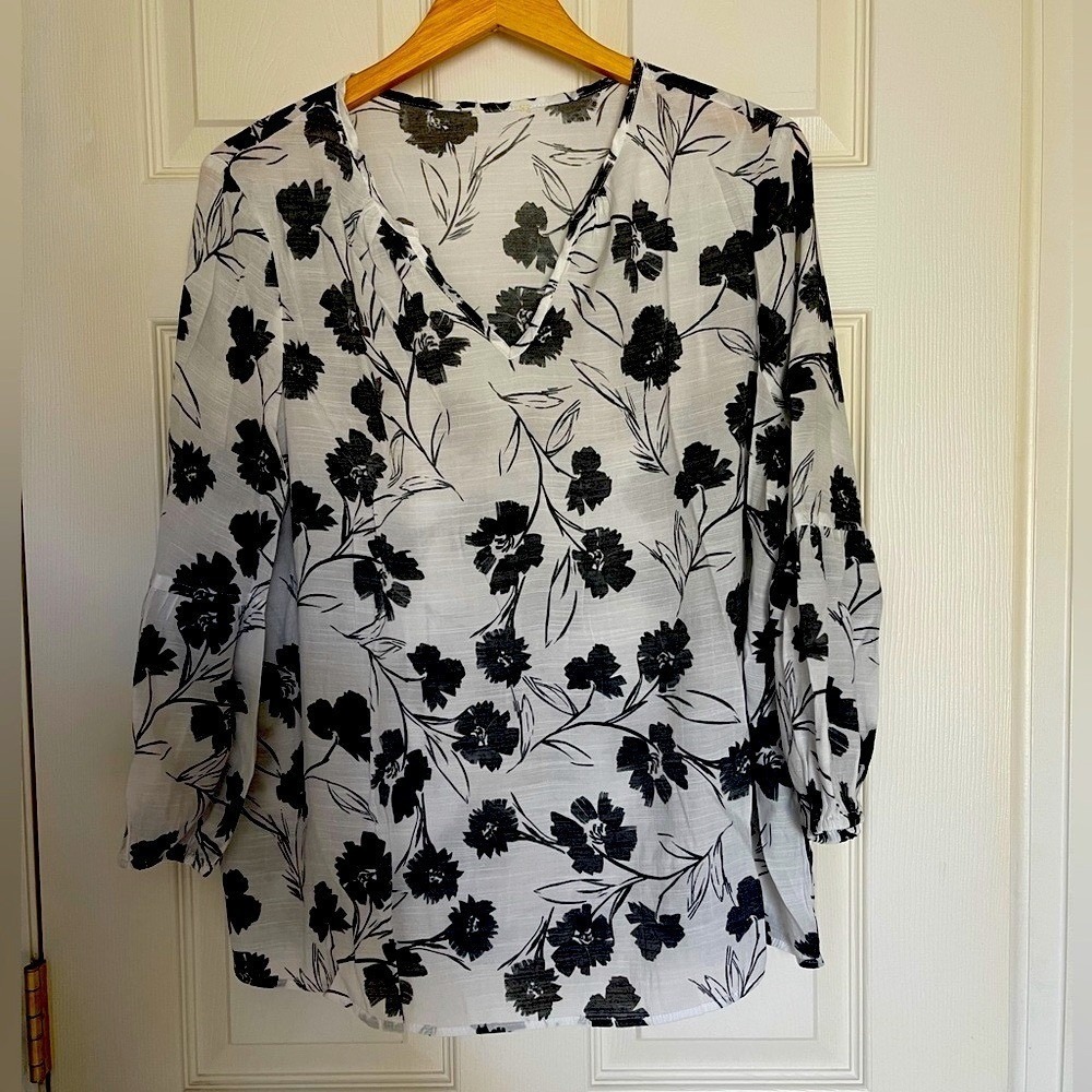 Semi-Sheer White Blouse with Black Floral Print – Size XL